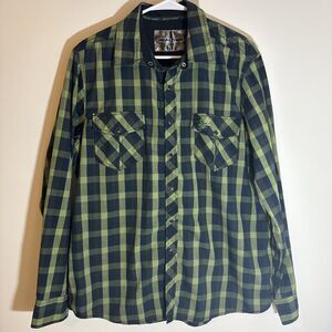 Realtree Xtra Men's Black Pearl Snap Green and Blue Plaid Long Sleeve Flannel L